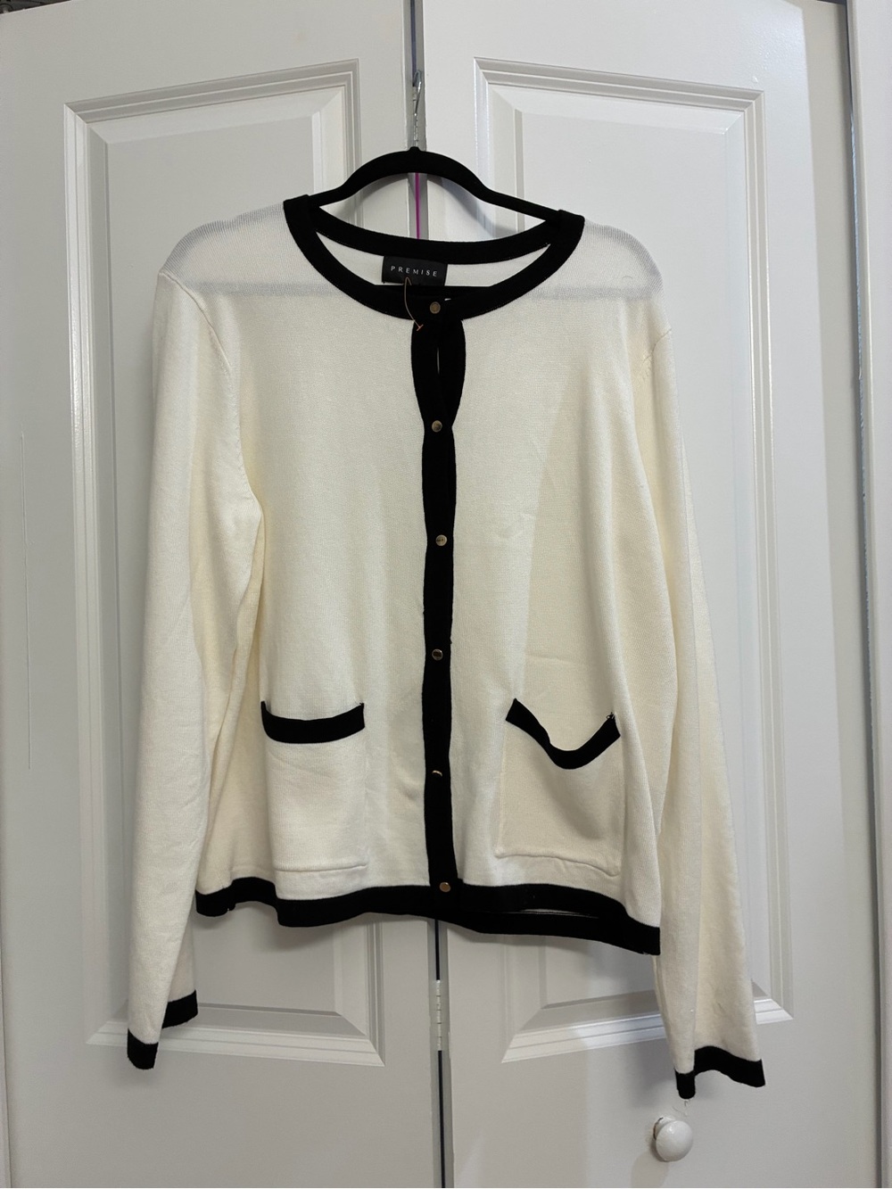 Premise White Cardigan with Black Trim and Pocket Detail
